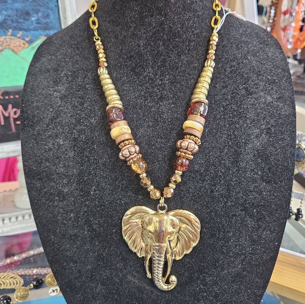 Gold and Brown Tribal-Inspired Necklace with Heart Pendant
